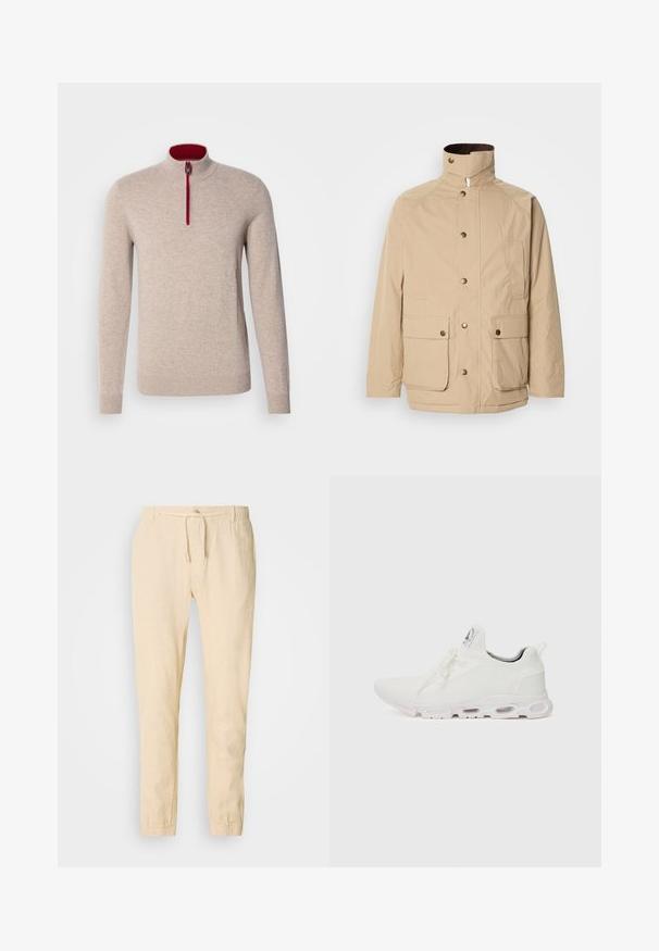 Giacca beige con colletto alto, chiusura con zip e bottoni a pressione. Presenta due tasche frontali e un tessuto texture. Adatta per un abbigliamento casual.; Maglione beige con colletto alto e una cerniera corta. Presenta dettagli rossi lungo la cerniera e una texture liscia e morbida.; Pantaloni in lino beige chiaro con vita regolabile, gambe affusolate e polsini elastici. Design semplice con una texture sottile.; Scarpe atletiche bianche con tomaia in maglia testurizzata, lacci piatti e una suola ammortizzata con camere d'aria visibili per un supporto aggiuntivo.