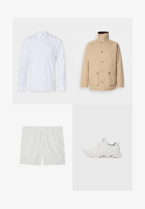 Vaaleanbeige takki, jossa on korkea kaulus, vetoketjullu sulkimella ja napit. Siinä on kaksi etutaskua ja teksturoitu kangas. Sopii arkipukeutumiseen.; Valkoinen pitkähihaineen paita, joka on valmistettu puuvillasta. Paita sisältää napitettavan kauluksen, vaaleanpunaisia nappeja ja sillä on vartalonmyötäinen muotoilu. Ei kuvioita tai grafiikkaa.; Valkoiset puuvillashortsit, joissa on ei-pitkä vyötärö ja nyöri, varustettu kahdella sivutaskulla ja siisteillä linjoilla, tarjoten yksinkertaisen muotoilun.; Valkoiset urheilukengät, joissa on teksturoitu neulepinta, litteät nauhat ja pehmustettu pohja, jossa on näkyvät ilmakammiot lisätuen tarjoamiseksi.