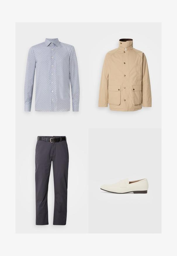 Giacca beige con colletto alto, chiusura con zip e bottoni a pressione. Presenta due tasche frontali e un tessuto texture. Adatta per un abbigliamento casual.; Camicia button-up azzurro chiaro con un pattern geometrico in rosso e blu navy. Presenta un colletto a punta e maniche lunghe. Realizzata in un tessuto liscio.; Pantaloni di cotone neri con taglio dritto, dotati di due tasche frontali e una cintura. Il tessuto ha una texture liscia e una finitura opaca.; Mocassini beige chiaro con punta affusolata, materiale liscio, una fascia sulla tomaia e una suola bassa marrone. Design semplice con accenti minimi.