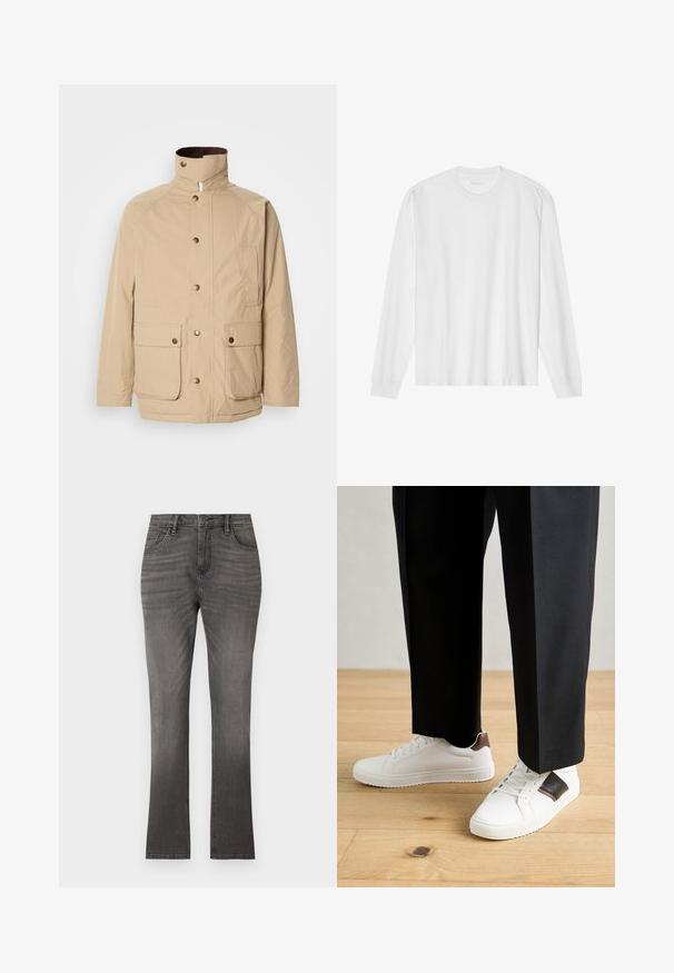 Bēšs žakets ar augstu apkakli, rāvējslēdzēja aizdari un sprādzēm. Iekļauj divas priekšējās kabatas un strukturētu audumu. Piemērots ikdienas valkāšanai.; Garas piedurkņu balta kokvilnas T-kreklu ar apaļu kakla izgriezumu un ribotām aprocēm. Vienkāršs, neizpušķots dizains ar gludu tekstūru un standarta piegriezumu.; Pelēki džinsi ar taisnu kāju griezumu, ar klasisku piecu kabatu dizainu un vieglu izbalēšanu. Standarta pogu un rāvējslēdzēja aizdare.; Baltā pārsoļa apavi ar gludu tekstūru, papildināti ar brūniem ādas akcentiem un melniem elementiem, savienoti ar melnām pielāgotām biksēm. Koka grīdas fons.