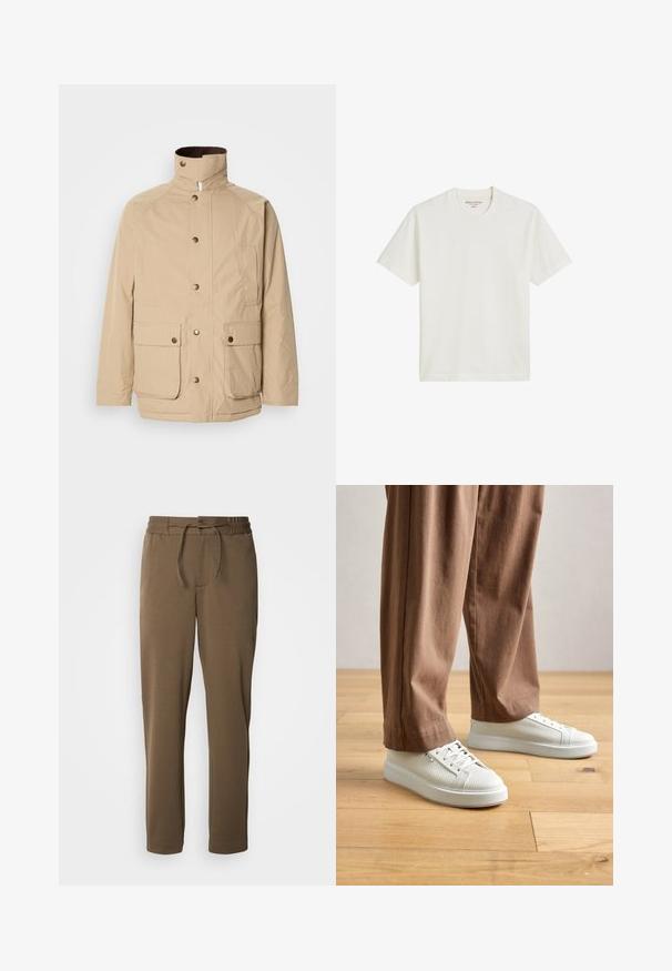 Beige jas met een hoge kraag, ritssluiting en drukknoopjes. Voorzien van twee voorkruiken en een gestructureerde stof. Geschikt voor casual wear.; Katoenen t-shirt in gebroken wit, met een ronde hals ontwerpe met korte mouwen, uitgerust met een rechte zoom en minimale branding op het label.; Bruine, taps toelopende sweatpants met elastische tailleband en trekkoord. Zachte, gladde textuur, met zijzakken en een eenvoudig ontwerp.; Persoon in witte gestructureerde lage sneakers en losse bruine broek, staand op een licht houten vloer.