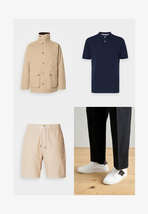 Jachetă bej cu guler înalt, închidere cu fermoar și capse. Prezintă două buzunare frontale și un material texturat. Potrivită pentru ținute casual.; Polo cu mânecă scurtă, de culoare albastru închis, fabricat din bumbac, având un guler cu trei butoane și dungi orizontale subtile pe guler.; Pantaloni scurți din in bej, cu talie elastică, șnur ajustabil și buzunare laterale. Textură netedă, croială până la genunchi, detalii minime.; Sneakers albe cu textură netedă, având accente din piele maro și detalii negre, asociate cu pantaloni negri pe măsură. Fundal din podea din lemn.