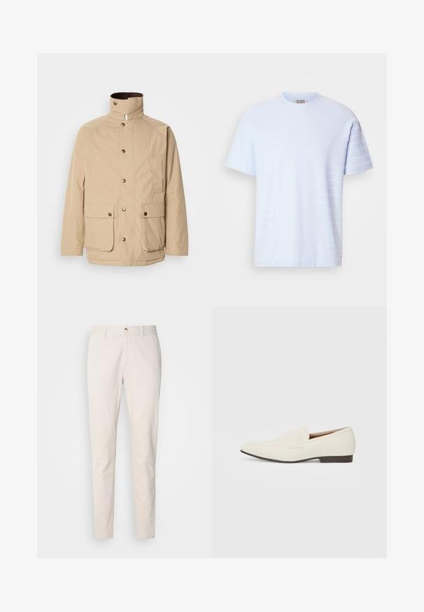 Beige jakke med høy krage, glidelås og knappelukking. Har to frontlommer og et strukturert stoff. Passer til hverdagsbruk.; Lyseblå kortermet T-skjorte laget av mykt stoff, med et strukturert horisontalt stripemønster over fronten.; Scotch & Soda SEASONAL CORE STUART - Chinos - highway grey; Lyse beige loafers med spiss tå, glatt materiale, en stropp over vampsen, og en lav brun såle. Enkel design med minimale detaljer.