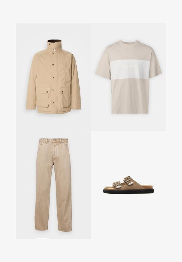 Bēšs žakets ar augstu apkakli, rāvējslēdzēja aizdari un sprādzēm. Iekļauj divas priekšējās kabatas un strukturētu audumu. Piemērots ikdienas valkāšanai.; Bēšas kokvilnas t-krekls ar baltu horizontālu paneļu, kurā ir uzraksts "JACK & JONES ESSENTIALS WORLDWIDE" reljefā drukā. Īsas piedurknes.; Beige džinsi ar taisnu kāju dizainu, ar priekšējiem kabatām, metāla pogu aizdari un smalku faktūru.; Kādas brūnas zamšādas slidensandalītes ar divām regulējamām sudraba sprādzēm, melna teksturēta zole un perforēti elementi augšdaļā.