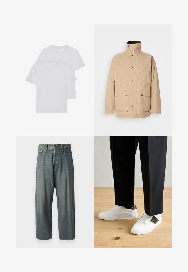 Šviesiai ruda striukė su aukštu apykakle, užtrauktuku ir spaudėmis. Turi dvi priekinės kišenes ir struktūruotą audinį. Tinka kasdieniams drabužiams.; Du du baltos medvilninės marškinėliai su apvaliu kaklu, trumpomis rankovėmis ir minkšta tekstūra. Abu marškiniai turi vientisą spalvą ir nėra matomų raštų ar detalių.; Šviesiai mėlyni džinsai su laisvu siluetu, vidutinio aukščio juosmeniu ir tiesiomis kojomis. Su penkiais kišenėmis, diržo kilpo ir mygtukų uždarymu.; Balti sportbačiai su glotnia danga, puošti rudais odiniais akcentais ir juodais detalėmis, derinami su juodais pritaikytais kelnėmis. Medinių grindų fonas.