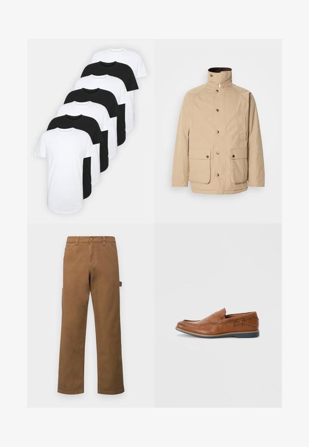 Bežna jakna z visokim ovratnikom, z zadrgo in gumbi na pritisk. Ima dva sprednja žepa in teksturirano tkanino. Primerna za sproščeno nošenje.; Nabor osmih majic v črni in beli barvi. Bombažni material, kratki rokavi, standardna oblika, gladka tekstura, z oznako.; Rjave bombažne cargo hlače s ravnimi nogavicami, ki imajo stranske žepke in kovinsko zapiranje na pasu. Gladka tekstura in ležajen dizajn.; Rjavi usnjeni loafers s okroglo konico, šivi na površini in nizkim gumijastim podplatom. Oblikovanje vključuje pas čez zgornji del.