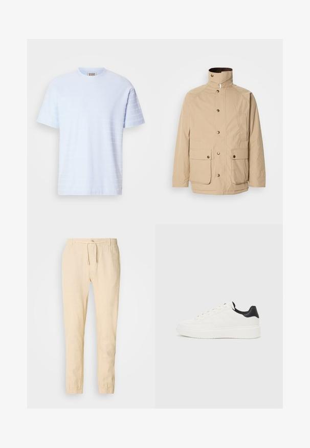 Beige jakke med høj krave, lynlås lukning og trykknapper. Har to forlommer og et struktureret stof. Velegnet til afslappet brug.; Lys blå t-shirt med korte ærmer lavet af blødt stof, med et struktureret vandret stribet mønster på forsiden.; Lys beige linnedragt med snørebånd i taljen, tætsiddende ben og elastiske manchetter. Simpelt design med en subtil tekstur.; Hvide lædersneakers med præget mønster, tekstureret hvid mellemsål og sort hælakkent. Har rund tå og flade snørebånd.