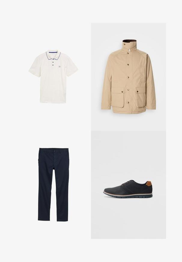 Beige Jacke mit hohem Kragen, Reißverschluss und Druckknöpfen. Verfügt über zwei Vordertaschen und einen strukturierten Stoff. Geeignet für die Freizeit.; Weißes Poloshirt aus Baumwolle mit einer zweiknöpfigen Knopfleiste, marineblauen Akzenten an Kragen und Ärmeln sowie kleinem Logo auf der Brust.; Marineblaue, leichte Hose mit glatter Textur, geradem Bein-Design, Knopfverschluss und Seitentaschen.; Schwarze synthetische Schuhe mit einer strukturierten Oberseite, glatten Akzenten, braunem Absatz und einer kontrastierenden Sohle. Verfügt über minimale Schnürung und Nähdetails.