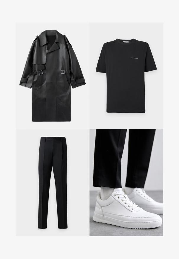 Sort læder trench coat med bred krave, skulderepauletter, to frontlommer og to spænde accenter i taljen.; Sort bomulds T-shirt med rund halsudskæring, korte ærmer og et lille hvidt "TIGER OF SWEDEN" logo på brystet. Klassisk pasform.; Sorte formelle bukser lavet af et glat stof, med lige bendesign, frontplisseringer og standard talje uden udsmykning.; Hvide lædersneakers med en flad gummisål, der har en glat overflade, rund tå og metaløjer til snørebånd. Bæret med sorte bukser.
