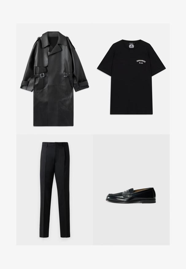 Sort læder trench coat med bred krave, skulderepauletter, to frontlommer og to spænde accenter i taljen.; Sort bomulds T-shirt med korte ærmer, der har en hvid "DSQUARED2 MILANO" logo på brystet. Crew neck-design, glat tekstur.; Sorte formelle bukser lavet af et glat stof, med lige bendesign, frontplisseringer og standard talje uden udsmykning.; Sorte læder loafers med tekstureret overdel, flettet accent og glat finish. Lav profil hæl og minimalistisk design.