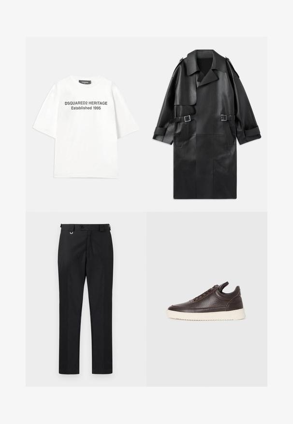 Musta nahkatakki, jossa on leveä kaulus, hartiapanssarit, kaksi etutaskua ja kaksi solkea vyötäröllä.; Dsquared2 Printtipaita - white; Mustat räätälöidyt housut suoran leikkauksen kanssa, joissa on nappikiinnitys ja vyölenkit. Silkkinen pinta, jossa on minimaalinen yksityiskohtaisuus.; Tummanruskea teksturoitu nahkasneakeri, jossa on nauhakiinnitys ja valkoinen uritettu kumipohja, vaalealla taustalla.