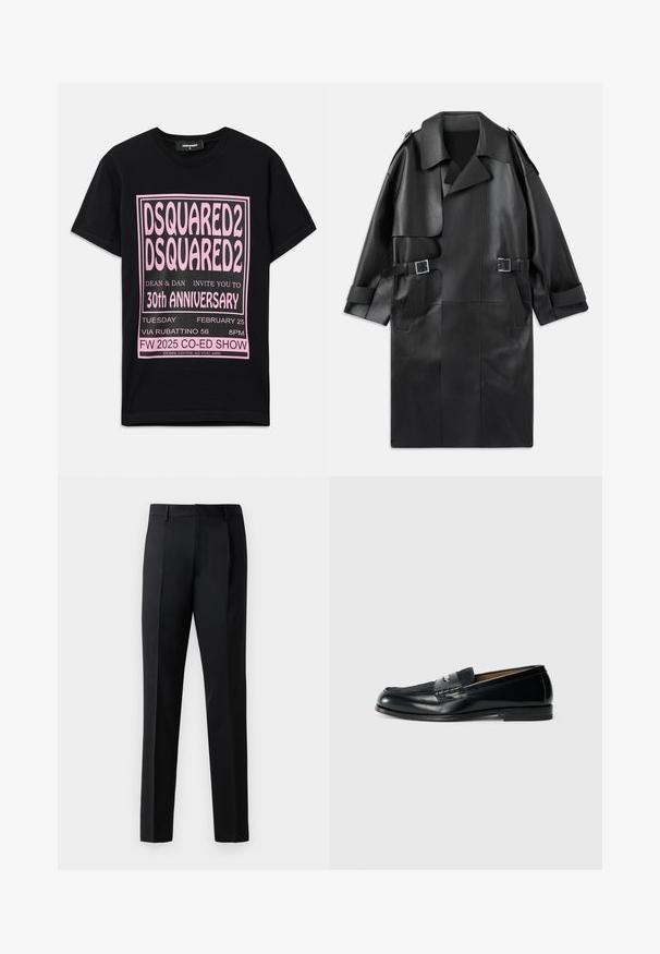 Schwarzer Leder-Trenchcoat mit breitem Kragen, Schulterklappen, zwei Fronttaschen und zwei Schnallenakzenten an der Taille.; Schwarzes Baumwoll-T-Shirt mit großem pinkfarbenem Grafiktext. Das Design enthält Veranstaltungsdetails in unterschiedlichen Schriftgrößen und zusätzliche Informationen am unteren Rand.; Schwarze formelle Hosen aus einem glatten Stoff, mit geradem Bein, vorderen Falten und einem klassischen Bund ohne Verzierungen.; Schwarze Lederlatschen mit strukturiertem Obermaterial, geflochtenem Akzent und glatter Oberfläche. Flacher Absatz und minimalistisches Design.