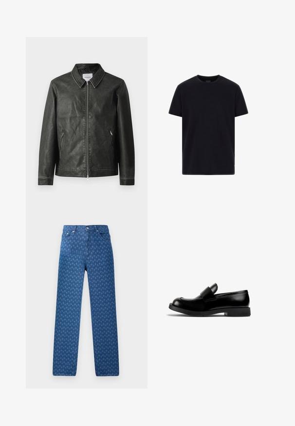 Chaqueta de cuero negra con una textura suave, cuello a presión, cremallera delantera completa y dos bolsillos laterales. Presenta detalles de costura mínimos.; Camiseta negra de manga corta y cuello redondo, hecha de una tela suave, con detalles de costura y una pequeña etiqueta de logo cerca del dobladillo.; Jeans de mezclilla azul con un patrón texturizado repetido, diseño de cinco bolsillos y cierre de botón en la cintura. Corte recto.; Mocasin de cuero negro con punta redondeada, suela de goma plana y un destacado detalle de tira en la parte superior. Textura suave, diseño minimalista.