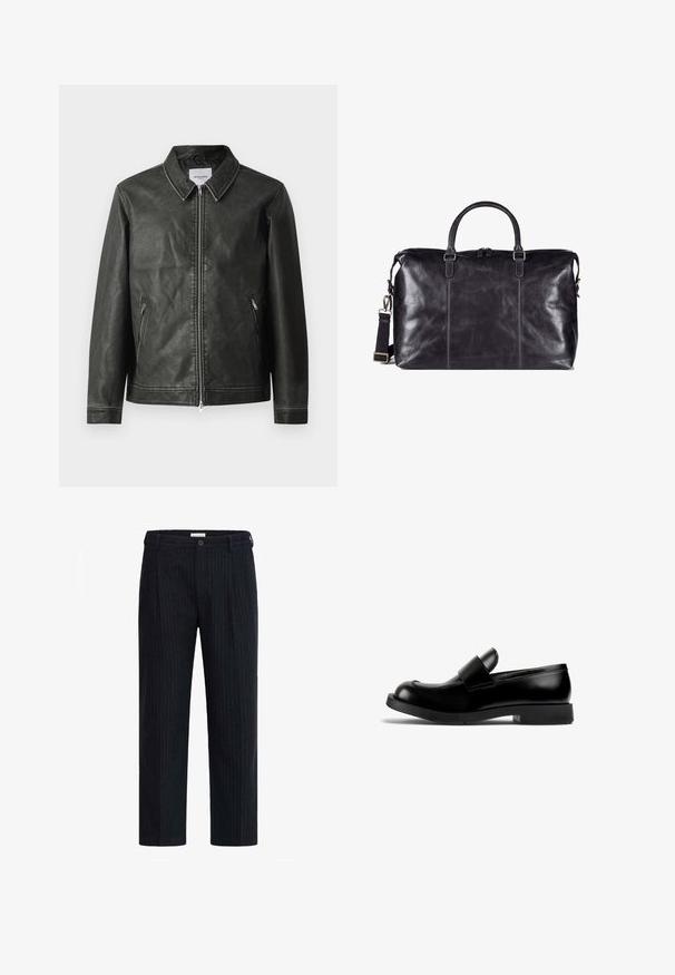 Czarna skórzana kurtka o gładkiej fakturze, z zapięciem na napy, pełnym zamkiem błyskawicznym z przodu i dwiema bocznymi kieszeniami. Charakteryzuje się minimalnymi detalami przeszyć.; Czarny krótki rękaw T-shirt z okrągłym dekoltem, wykonany z gładkiej tkaniny, z detalami szwów i małą metką z logo blisko dołu.; Ciemne spodnie w paski o prostym kroju, z zapięciem na guzik i dopasowanymi zakładkami, wykonane z fakturowanej tkaniny.; Czarne skórzane mokasyny z zaokrąglonym noskiem, płaską gumową podeszwą i wyraźnym paskiem na wierzchu. Gładka tekstura, minimalistyczny design.; Czarna skórzana torba podróżna z podwójnymi uchwytami, regulowanym paskiem na ramię i subtelnymi detalami w szwie. Gładka tekstura i zamek błyskawiczny.