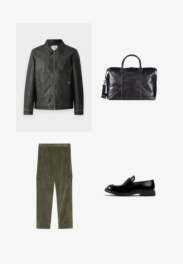 Schwarze Lederjacke mit glatter Textur, Druckknopfkragen, durchgehendem Reißverschluss und zwei seitlichen Taschen. Verfügt über minimale Nahtdetails.; Schwarzes T-Shirt mit kurzen Ärmeln und Rundhalsausschnitt aus glattem Stoff, mit gesteppten Details und einem kleinen Logo-Label nahe dem Saum.; Olivgrüne Corduroy-Cargohosen mit vertikaler Rippstruktur, ausgestattet mit zwei seitlichen Taschen und einem elastischen Bund für zusätzlichen Komfort.; Schwarze Lederlofer mit runder Zehenform, flacher Gummisohle und einem auffälligen Riemendetail über dem Vorderblatt. Glatte Textur, minimalistisches Design.; Schwarze Leder-Reisetasche mit doppelten Griffen, verstellbarem Schultergurt und feinen Stickdetails. Glatte Textur und Reißverschlussverschluss.