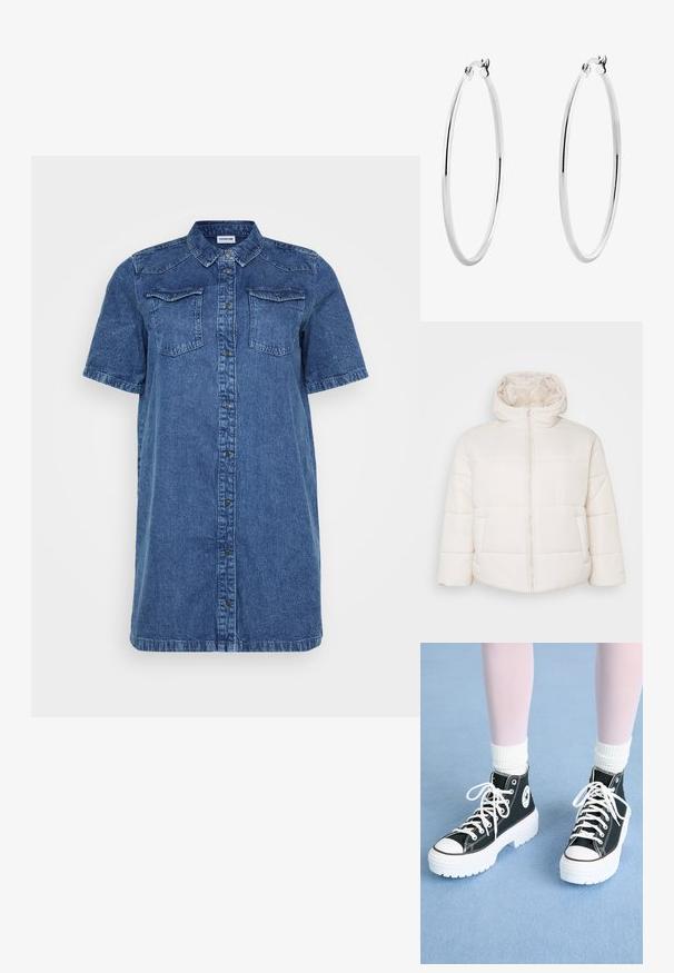 Hvit polstret jakke med høy krage, glidelås foran og sidelommer. Myk tekstur med en glatt overflate og en liten logo på brystet.; Denim skjortekjole i mørkeblått, med korte ermer, to brystlommer, knappeåpning foran, og rett skjæring.; Svarte høyde sneakers med hvite såler og snøring, med et rundt logo på siden og kontrastfarget svart søm. Teksturert stoffoverdel.; Sølv ringøredobber med en glatt, polert overflate og en tynn, sirkulær form. Designet har en sikker clasp.