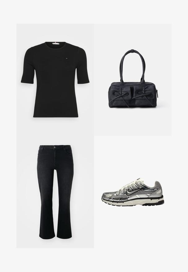 Chaqueta blanca acolchada con cuello alto, cremallera frontal y bolsillos laterales. Textura suave con un acabado liso y un pequeño logo en el pecho.; Top negro de manga corta con diseño acanalado, que presenta un cuello redondo y un pequeño logo en el pecho, sobre un fondo blanco liso.; Pantalones vaqueros de mezclilla negra con cintura media, botón delantero, dos bolsillos frontales, dos bolsillos traseros y corte de pernera acampanada.; Zapatilla deportiva en plata y negro con una parte superior de malla y sintético, diseño voluminoso y acabado texturizado. Presenta un cuello acolchado y suela de goma.; Bolso de tela negra con dos bolsillos frontales que presentan detalles de lazo, asas dobles y cierre de cremallera. Textura suave y forma rectangular.