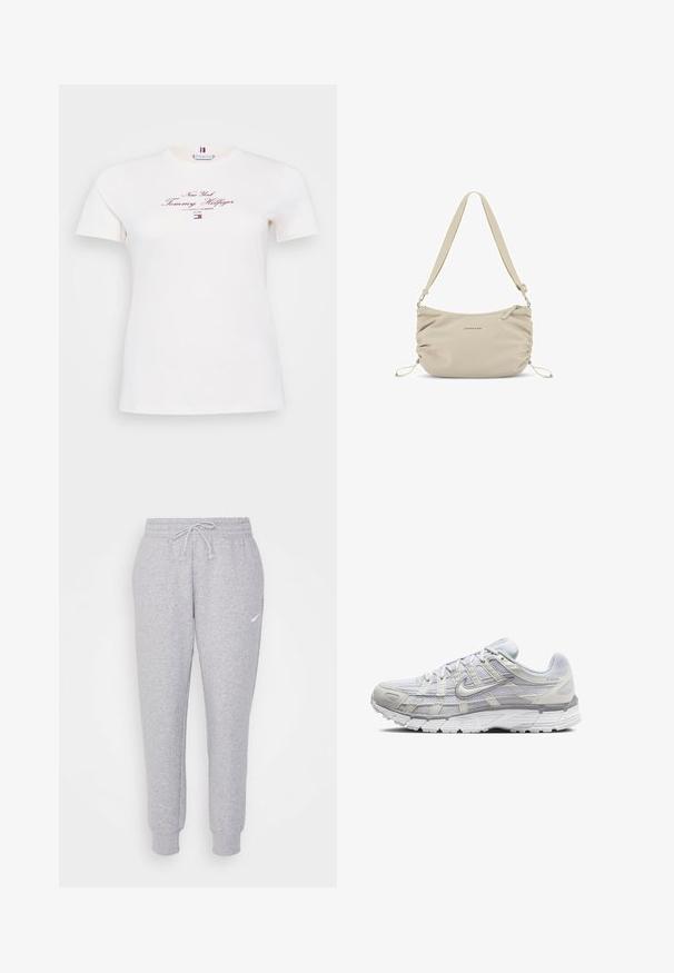 Giacca imbottita bianca con colletto alto, zip frontale e tasche laterali. Texture morbida con una finitura liscia e un piccolo logo sul petto.; T-shirt a maniche corte di colore crema in cotone, con stampa in bordo bordeaux "New York Tommy Hilfiger" e un piccolo logo sull'orlo.; Pantaloni della tuta grigi chiari con vita regolabile, gamba affusolata e un piccolo logo bianco sulla coscia sinistra. Realizzati in un morbido tessuto texture.; Scarpe da ginnastica grigio chiaro con tomaia in rete e sintetico, dotate di chiusura con lacci, collo imbottito e suola testurizzata per una migliore aderenza.; Borsa a spalla in nylon beige con una texture morbida, lati arricciati e tracolla regolabile. Presenta una chiusura con cerniera e dettagli del logo discreti.; Orecchini a cerchio in argento con una superficie liscia e lucida e una forma circolare sottile. Il design presenta una chiusura sicura.
