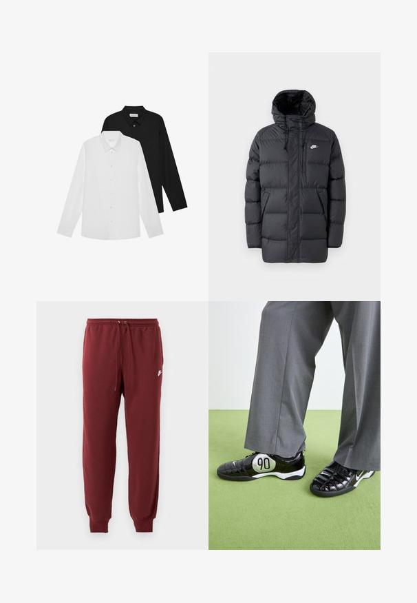 Mustard värvi puhvjakkk, millel on kapuuts, ees tõmblukk, elastsed mansetid, küljetaskud ja väike logo rinnal. Tekstuuriga, tikitud disain.; Valged ja mustad pika varrukaga särgid teravate kraede, esipainutuste ja siledast kangast tekstuuriga. Sildid on nähtavad sisekrae peal.; Burgundia värvi dressipüksid, mis on valmistatud pehmest kangast, millel on elastne vöökoht koos nööriga ja kitsenevad mansetid, millel on väikene valge logo.; Mustad nahast mustad spordijalatsid hõbedase "90" detailiga, millel on tekstuuriga pind ja seotud disain, mille juurde on sobitatud hallid laiad püksid.