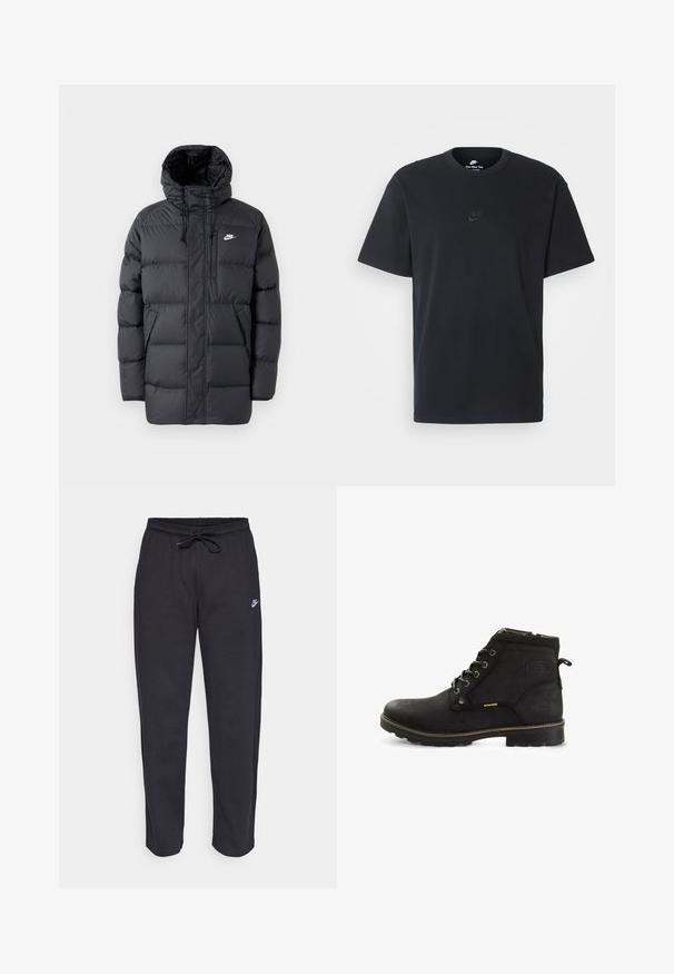 Giacca a vento nera con cappuccio, dotata di chiusura con zip frontale, polsini elasticizzati, tasche laterali e un piccolo logo sul petto. Design trapuntato e strutturato.; T-shirt in cotone nero della Nike con collo rotondo classico, maniche corte e un logo in rilievo discreto sul petto. Texture liscia.; Pantaloni della tuta neri realizzati in tessuto morbido con vita elastica, coulisse e un piccolo logo Nike sulla coscia sinistra.; Stivaletti neri con una texture in pelle liscia, punta rotonda, sei occhielli metallici, dettaglio giallo e una suola in gomma robusta.