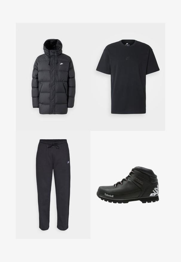 Mustat puffatakki hupulla, jossa on vetoketjullinen etuosa, elastiset hihansuut, sivutaskut ja pieni logo rinnassa. Teksturoitu, tikattu muotoilu.; Nike musta musta T-paita, jossa on klassinen pyöreä kaula-aukko, lyhyet etkä hihat sekä hillitty, kohopainettu logo rinnassa. Silkkinen rakenne.; Mustat verkkareita pehmeästä kankaasta, jossa on joustava vyötärö, nyöri ja pieni Nike-logo vasemmassa reidessä.; Musta vaelluskengät, joissa on tekstuuroitu nahkavaatetus, kumipohjat ja metalliset silmukat. Huomattava valkoinen geometrinen kuvio kantapäällä. Timberlandin brändäys näkyvissä.