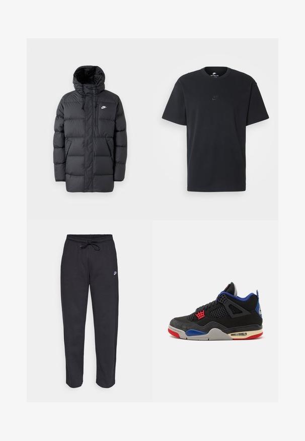 Juodas pūkinis paltas su kapuci, su užtrauktuku priekyje, elastiniais rankogaliais, šoninėmis kišenėmis ir mažą logotipą krūtinėje. Struktūruotas, siuvinėtas dizainas.; Juodas medvilninis Nike marškinėliai su klasikinėmis apykaklėmis, trumpomis rankovėmis ir subtiliu, įspaustu logotipu ant krūtinės. Sklandus tekstūra.; Juodos sportinės kelnės, pagamintos iš minkštos medžiagos, su elastinga juostele, raišteliu ir mažuoju Nike logotipu kairiajame šlaunyje.; Jordan AIR JORDAN 4 RETRO OG - Aukšto profilio sportbačiai - black/fire red/deep royal blue/dark smoke grey/tech grey