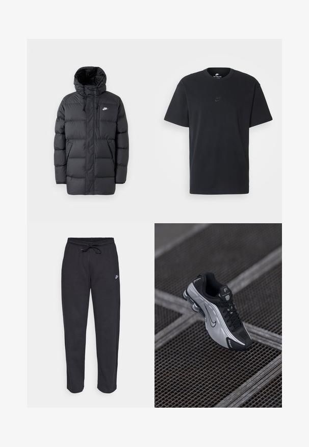Jachetă puffer neagră cu glugă, dotată cu fermoar frontal, manșete elastice, buzunare laterale și un mic logo pe piept. Design texturat, matlasat.; Tricou din bumbac negru Nike, cu guler rotund clasic, mâneci scurte și un logo subtil embosat pe piept. Textură netedă.; Pantaloni de trening negri dintr-un material moale, cu talie elastică, șnur de ajustare și un mic logo Nike pe coapsa stângă.; Adidașii sport Nike cu un design negru și argintiu. Construiți din material sintetic cu accente din plasă și o talpă suportivă cu amortizare vizibilă.