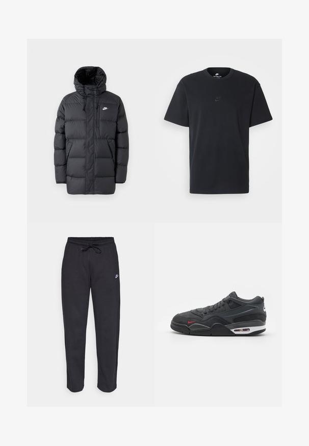 Chaqueta de plumas negra con capucha, que cuenta con un cierre de cremallera frontal, puños elásticos, bolsillos laterales y un pequeño logo en el pecho. Diseño texturizado y acolchado.; Camiseta negra de algodón de Nike con un clásico cuello redondo, mangas cortas y un sutil logo en relieve en el pecho. Textura suave.; Pantalones de chándal negros hechos de una tela suave, con cintura elástica, cordón y un pequeño logo de Nike en el muslo izquierdo.; Zapatillas Nike de ante negro, con una media suela blanca, logo rojo y unidad de aire visible. La punta redondeada y los cordones texturizados completan el diseño.
