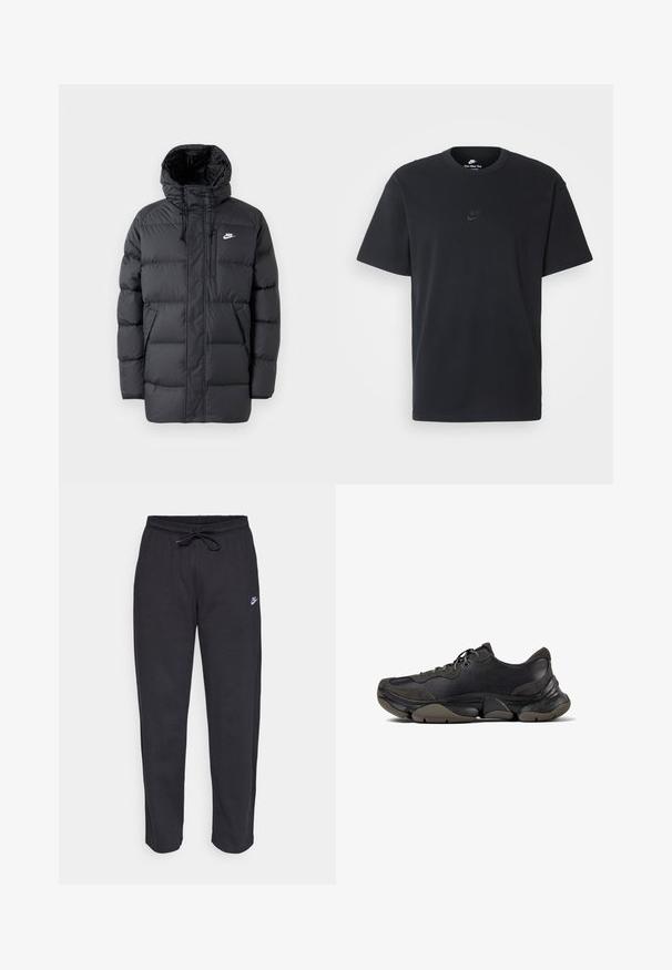 Mustard värvi puhvjakkk, millel on kapuuts, ees tõmblukk, elastsed mansetid, küljetaskud ja väike logo rinnal. Tekstuuriga, tikitud disain.; Nike musta mustast puuvillast T-särk klassikalise ümmarguse kaelusega, lühikeste varrukatega ja õrna, reljeefse logoga rinnal. Sile tekstuur.; Mustad mustad, pehmest kangast, elastse vöökoha, nööriga ja väikese Nike logo'ga vasakul reiel.; Mustad mustekad athletic jalats tekstureeritud tald, nahast ja sametist ülemine osa, pehmendatud krae ja lipsuklips sulgemine, esitletud külgprofiilis.