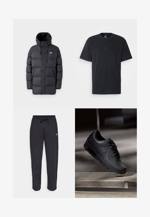 Casaco de puffer preto com capuz, apresentando fecho éclair à frente, punhos elásticos, bolsos laterais e um pequeno logótipo no peito. Design texturizado e acolchoado.; T-shirt de algodão preto da Nike com um clássico decote redondo, mangas curtas e um logótipo em relevo discreto no peito. Textura suave.; Calças de treino pretas feitas de tecido suave, com faixa elástica na cintura, cordão regulador e um pequeno logótipo da Nike na coxa esquerda.; Sapatilhas Nike Air Max pretas com parte superior em couro texturizado, sola de borracha e sistema de atacadores proeminente, exibindo um design elegante e moderno.