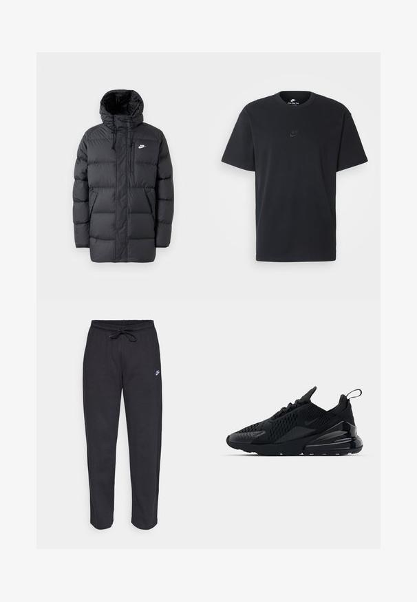 Casaco de puffer preto com capuz, apresentando fecho éclair à frente, punhos elásticos, bolsos laterais e um pequeno logótipo no peito. Design texturizado e acolchoado.; T-shirt de algodão preto da Nike com um clássico decote redondo, mangas curtas e um logótipo em relevo discreto no peito. Textura suave.; Calças de treino pretas feitas de tecido suave, com faixa elástica na cintura, cordão regulador e um pequeno logótipo da Nike na coxa esquerda.; Sapatilha Nike Air Max 270 preta com upper texturizado, painéis em malha e um calcanhar brilhante com uma unidade de amortecimento de ar proeminente.