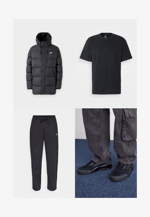 Czarna puchowa kurtka z kapturem, z zamkiem z przodu, elastycznymi mankietami, kieszeniami bocznymi i małym logo na klatce piersiowej. Teksturowany, pikowany wzór.; Czarny bawełniany t-shirt Nike z klasycznym okrągłym dekoltem, krótkimi rękawami oraz subtelnym, wytłoczonym logo na piersi. Gładka tekstura.; Czarne dresy wykonane z miękkiego materiału, z elastycznym pasem, sznurkiem do ściągania i małym logo Nike na lewej udzie.; Czarne sportowe buty z fakturowaną powierzchnią, gładkimi akcentami i masywną podeszwą w połączeniu z ciemnymi, luźnymi spodniami cargo.