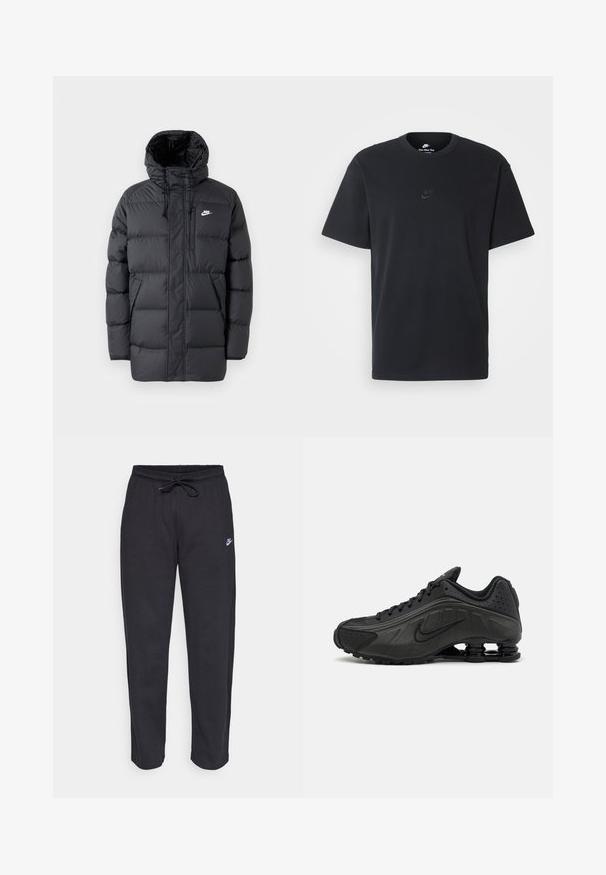 Jachetă puffer neagră cu glugă, dotată cu fermoar frontal, manșete elastice, buzunare laterale și un mic logo pe piept. Design texturat, matlasat.; Tricou din bumbac negru Nike, cu guler rotund clasic, mâneci scurte și un logo subtil embosat pe piept. Textură netedă.; Pantaloni de trening negri dintr-un material moale, cu talie elastică, șnur de ajustare și un mic logo Nike pe coapsa stângă.; Pantofi de alergare negri, cu o parte superioară netedă din material sintetic, accente perforate, panouri laterale texturate și o talpă distinctivă și elastică.