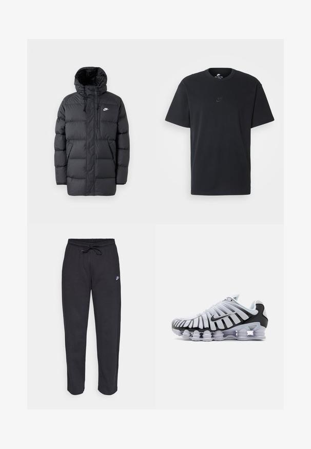 Sort pufferjakke med hætte, med lynlås foran, elastiske manchetter, sidelommer og et lille logo på brystet. Struktureret, quiltet design.; Nike sort bomulds t-shirt med en klassisk rund hals, korte ærmer og et diskret, præget logo på brystet. Glat tekstur.; Sorte sweatpants lavet af blødt stof med elastisk talje, snøre og et lille Nike-logo på venstre lår.; Hvid atletisk sko med sort accent og gennemsigtig sål. Har lagdelte mesh- og syntetiske materialer samt et distinkt bølget design.