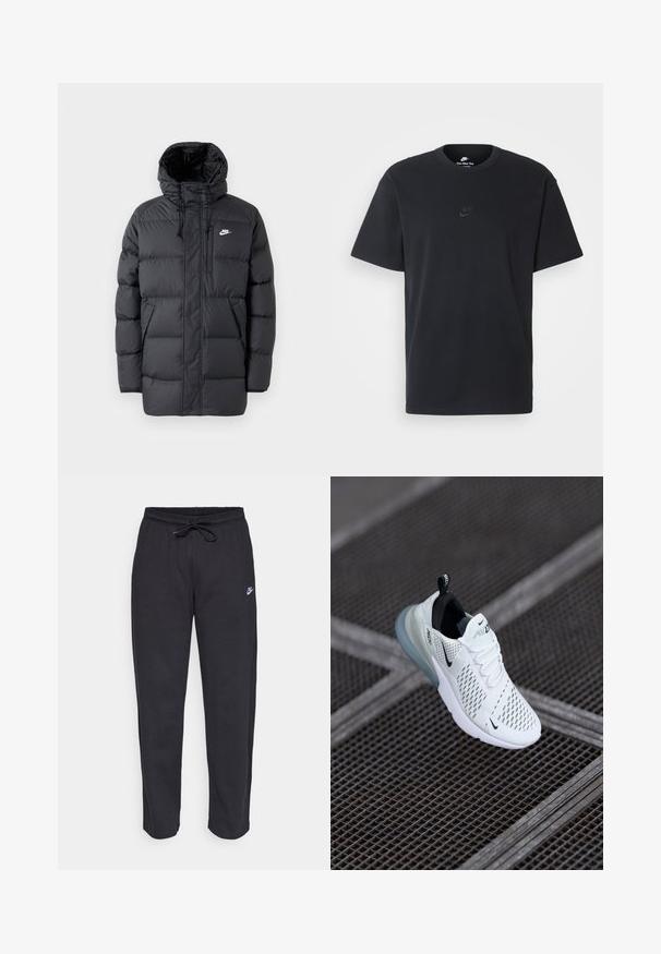 Juodas pūkinis paltas su kapuci, su užtrauktuku priekyje, elastiniais rankogaliais, šoninėmis kišenėmis ir mažą logotipą krūtinėje. Struktūruotas, siuvinėtas dizainas.; Juodas medvilninis Nike marškinėliai su klasikinėmis apykaklėmis, trumpomis rankovėmis ir subtiliu, įspaustu logotipu ant krūtinės. Sklandus tekstūra.; Juodos sportinės kelnės, pagamintos iš minkštos medžiagos, su elastinga juostele, raišteliu ir mažuoju Nike logotipu kairiajame šlaunyje.; Baldos sportiniai kedai su perforuota tinklelio viršutine dalimi, juodais akcentais, matomais raišteliais ir skaidriu oro amortizacijos padu.