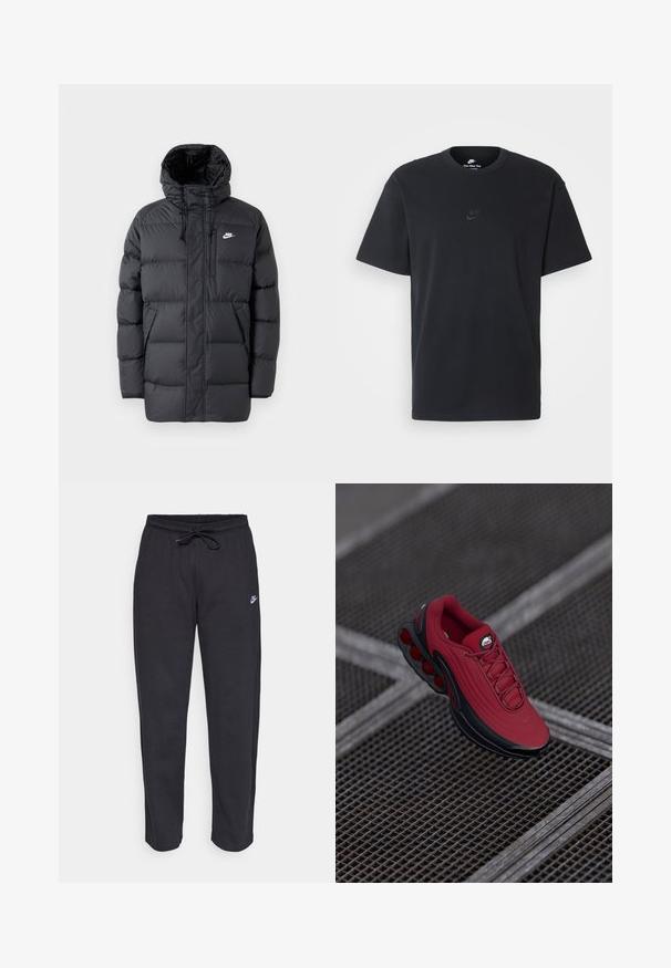 Black puffer jacket with a hood, featuring a zip front, elastic cuffs, side pockets, and a small logo on the chest. Textured, quilted design.; Nike black cotton t-shirt with a classic crew neck, short sleeves, and a subtle, embossed logo on the chest. Smooth texture.; Black sweatpants made of soft fabric with an elastic waistband, drawstring, and a small Nike logo on the left thigh.; Red sneaker with a textured upper, featuring black accents and a prominent air cushioning sole design. Laces and logo are visible on top.