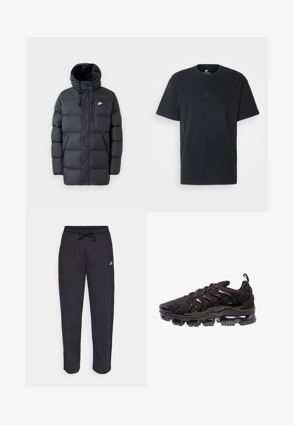 Svart boblejakke med hette, med glidelås i front, elastiske mansjetter, sidelommer og en liten logo på brystet. Strukturert, quiltet design.; Nike svart bomull T-skjorte med klassisk rund hals, korte ermer, og en subtil, preget logo på brystet. Glatt tekstur.; Sorte sweatpants laget av mykt stoff med elastisk midjebånd, snøring og en liten Nike-logo på venstre lår.; Svart trening sko med en teksturert stoffoverdel, glinsende detaljer og en fremtredende luftputesåle. Har distinkte bølgelignende designelementer.