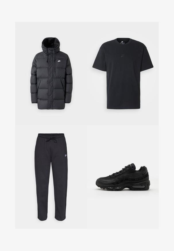 Casaco de puffer preto com capuz, apresentando fecho éclair à frente, punhos elásticos, bolsos laterais e um pequeno logótipo no peito. Design texturizado e acolchoado.; T-shirt de algodão preto da Nike com um clássico decote redondo, mangas curtas e um logótipo em relevo discreto no peito. Textura suave.; Calças de treino pretas feitas de tecido suave, com faixa elástica na cintura, cordão regulador e um pequeno logótipo da Nike na coxa esquerda.; Nike Sportswear AIR MAX 95 ESSENTIAL - Sapatilhas - black/dark grey
