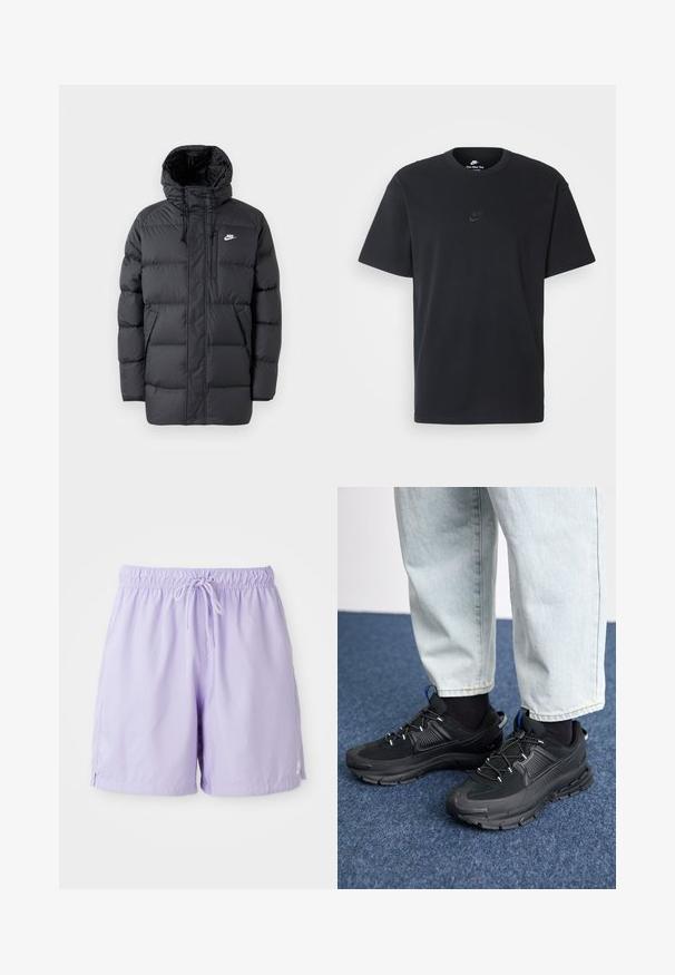 Juodas pūkinis paltas su kapuci, su užtrauktuku priekyje, elastiniais rankogaliais, šoninėmis kišenėmis ir mažą logotipą krūtinėje. Struktūruotas, siuvinėtas dizainas.; Juodas medvilninis Nike marškinėliai su klasikinėmis apykaklėmis, trumpomis rankovėmis ir subtiliu, įspaustu logotipu ant krūtinės. Sklandus tekstūra.; Šviesiai violetinės maudymosi šortai, pagaminti iš lengvos medžiagos, su elastingu diržu su raišteliu, šoninėmis plyšiais ir mažo logotipo akcentu.; Juodi sportiniai bateliai su tekstūruota medžiaga ir guminiais padais, su elastingomis raišteliais ir mėlynu akcentu ant kulno. Dėvimi su šviesiai mėlynomis džinsinėmis kelnėmis.
