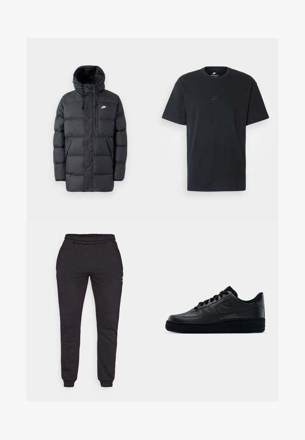 Zwarte pufferjack met capuchon, uitgerust met een ritssluiting aan de voorkant, elastische manchetten, zijzakken en een klein logo op de borst. Getextureerd, gewatteerd ontwerp.; Zwarte katoenen t-shirt van Nike met een klassieke ronde hals, korte mouwen en een subtiele, reliëflogo op de borst. Gladde textuur.; Zwarte sweatpants van zacht katoen, met een elastische tailleband, tapse benen en een klein logoaccent aan de linkerkant.; Zwarte Nike Air Force 1 sneaker met een gladde leren bovenkant, geperforeerde neus voor ademend vermogen, zwarte veters en een getextureerde rubberen zool.