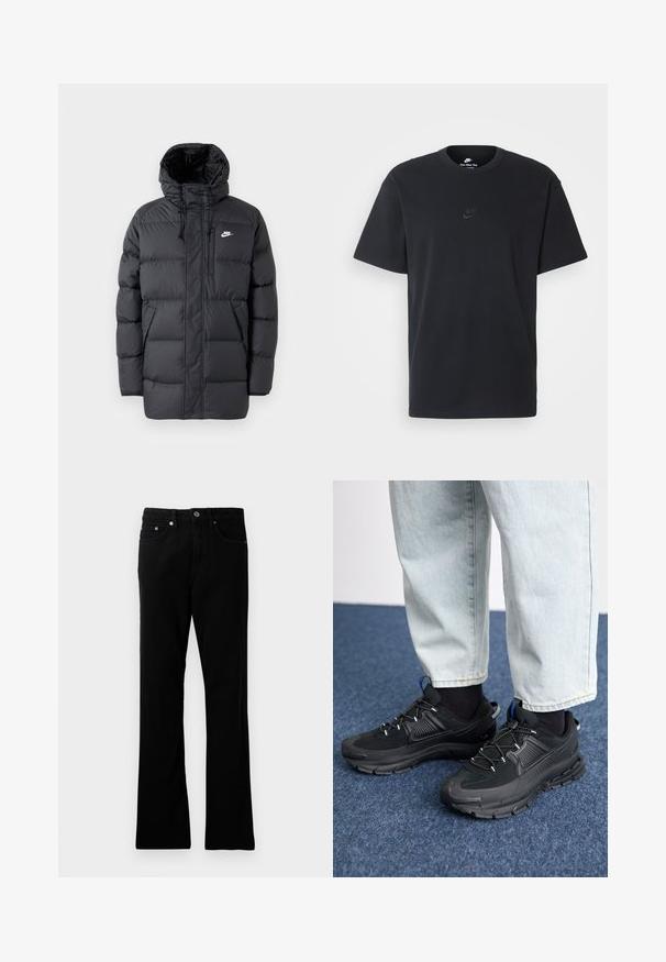 Giacca a vento nera con cappuccio, dotata di chiusura con zip frontale, polsini elasticizzati, tasche laterali e un piccolo logo sul petto. Design trapuntato e strutturato.; T-shirt in cotone nero della Nike con collo rotondo classico, maniche corte e un logo in rilievo discreto sul petto. Texture liscia.; Pantaloni in denim nero con vestibilità dritta, cinque tasche, chiusura con bottone in metallo e dettagli di cucitura discreti. Texture liscia e colore uniforme.; Scarpe sportive nere con tessuto testurizzato e suole in gomma, dotate di lacci elastici e un accento blu sul tallone. Indossate con pantaloni in denim chiaro.