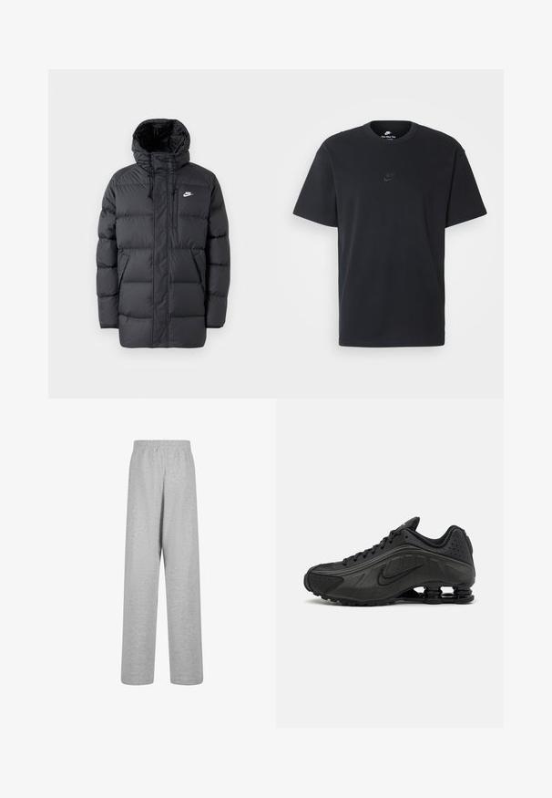Melnā pūkainā jaka ar kapuci, kura aprīkota ar rāvējslēdzēju priekšā, elastīgiem cuffiem, sānu kabatām un nelielu logo uz krūtīm. Tekstūrēts, quiltēts dizains.; Nike melns kokvilnas T-krekls ar klasisku piegriezumu, īsām piedurknēm un smalku, reljefu logotipu uz krūškurvja. Gluda tekstūra.; Karl Kani ELLIPSE STRAIGHT LEG - Treniņtērpa apakšdaļas - grey melange; Melnas skriešanas ķepas ar gludu sintētisku virsu, perforētiem akcentiem, teksturētām sānu daļām un izteiksmīgu atsperīgu zoli.