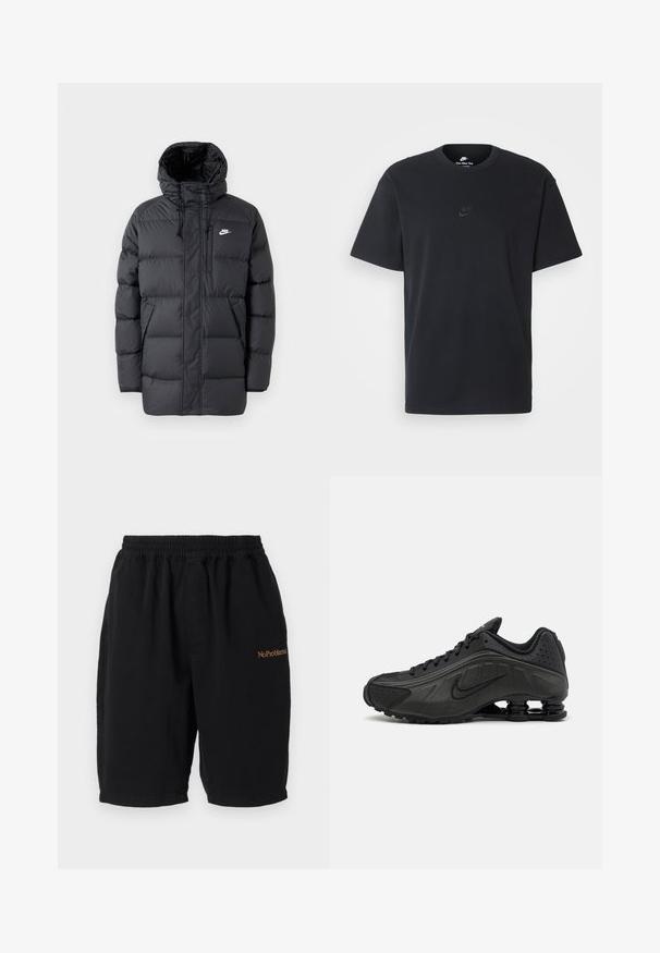 Melnā pūkainā jaka ar kapuci, kura aprīkota ar rāvējslēdzēju priekšā, elastīgiem cuffiem, sānu kabatām un nelielu logo uz krūtīm. Tekstūrēts, quiltēts dizains.; Nike melns kokvilnas T-krekls ar klasisku piegriezumu, īsām piedurknēm un smalku, reljefu logotipu uz krūškurvja. Gluda tekstūra.; Melni kokvilnas šorti ar elastīgu jostu, taisnā griezumā un sānu kabatām. Priekšpusē ir izšūts teksts "No Problemo" oranžā krāsā.; Melnas skriešanas ķepas ar gludu sintētisku virsu, perforētiem akcentiem, teksturētām sānu daļām un izteiksmīgu atsperīgu zoli.
