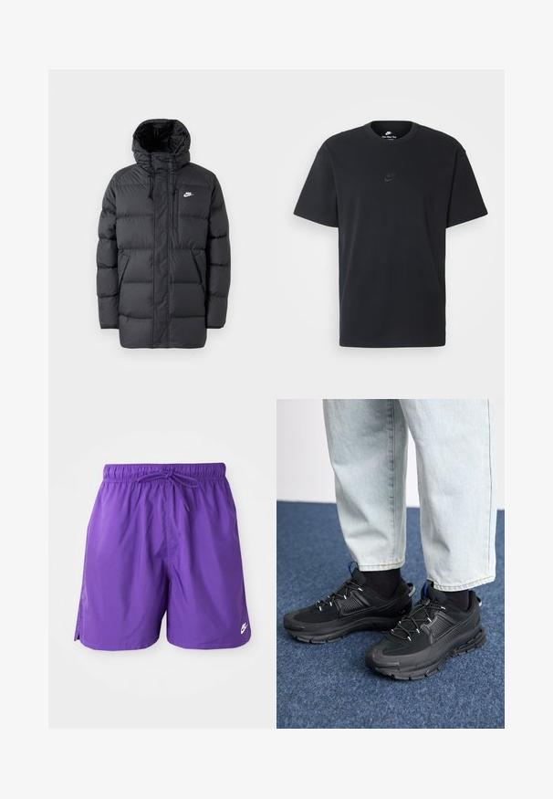 Černá péřová bunda s kapucí, má zip vpředu, elastické manžety, boční kapsy a malé logo na prsou. Texturovaný, prošívaný design.; Černé bavlněné tričko Nike s klasickým kulatým výstřihem, krátkými rukávy a decentně vyraženým logem na hrudi. Hladký povrch.; Fialové plavky s elastickým pasem a šňůrkou. Obsahují boční rozparky a malé bílé logo na dolním lemu. Hladká textura.; Černé sportovní boty s texturovanou tkaninou a gumovou podrážkou, s elastickými tkaničkami a modrým akcentem na patě. Nosí se s světlými džíny.
