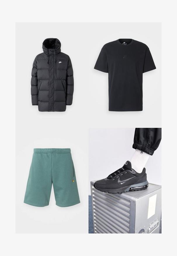 Giacca a vento nera con cappuccio, dotata di chiusura con zip frontale, polsini elasticizzati, tasche laterali e un piccolo logo sul petto. Design trapuntato e strutturato.; T-shirt in cotone nero della Nike con collo rotondo classico, maniche corte e un logo in rilievo discreto sul petto. Texture liscia.; Pantaloni corti in misto cotone di colore teal, con vita elastica, tasche laterali e un piccolo logo dorato sulla parte inferiore della gamba.; Nike Sportswear PULSE - Sneakers basse - black/anthracite