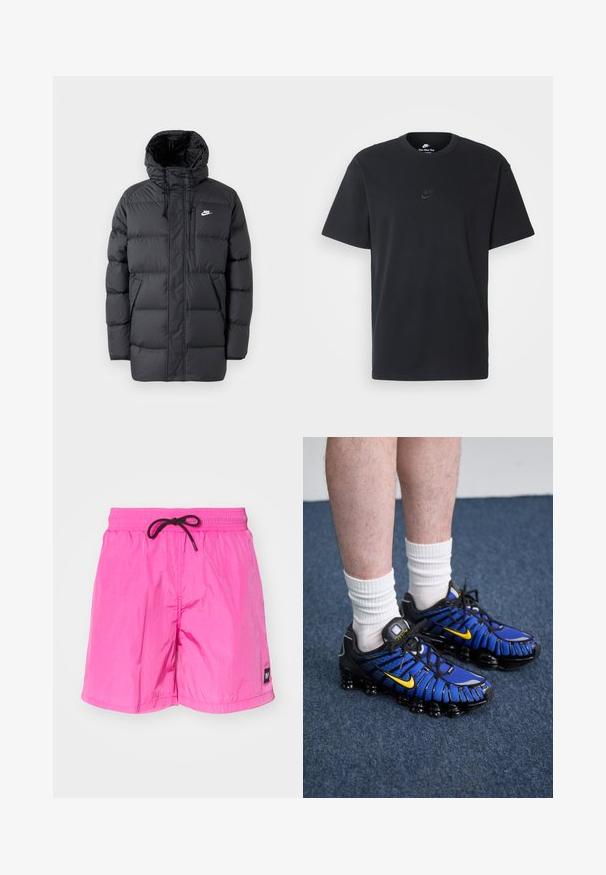 Juodas pūkinis paltas su kapuci, su užtrauktuku priekyje, elastiniais rankogaliais, šoninėmis kišenėmis ir mažą logotipą krūtinėje. Struktūruotas, siuvinėtas dizainas.; Juodas medvilninis Nike marškinėliai su klasikinėmis apykaklėmis, trumpomis rankovėmis ir subtiliu, įspaustu logotipu ant krūtinės. Sklandus tekstūra.; Rožiniai, lengvi maudymosi šortai su elastine juostele ir juodu raišteliu. Kairėje kojoje yra mažas ženklas. Lygi tekstūra.; Mėlyni ir juodi sportiniai bateliai pasižymi tinklinio dizainu, geltonomis detalėmis ir segmentuota padais. Dėvimi su baltais pižamais.