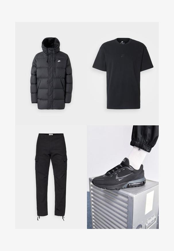 Schwarze Pufferjacke mit Kapuze, mit Reißverschluss vorne, elastischen Bündchen, Seitentaschen und einem kleinen Logo auf der Brust. Strukturierte, gesteppte Optik.; Schwarzes Baumwoll-T-Shirt von Nike mit klassischem Rundhalsausschnitt, kurzen Ärmeln und einem dezenten, geprägten Logo auf der Brust. Glatte Textur.; Schwarze Cargo-Shorts aus strapazierfähigem Material, mit Seitentaschen, schmaler Passform und verstellbaren Bündchen am Knöchel.; Nike Sportswear PULSE - Sneaker low - black/anthracite