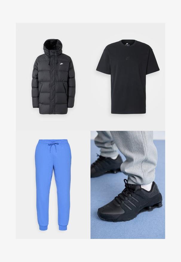 Mustard värvi puhvjakkk, millel on kapuuts, ees tõmblukk, elastsed mansetid, küljetaskud ja väike logo rinnal. Tekstuuriga, tikitud disain.; Nike musta mustast puuvillast T-särk klassikalise ümmarguse kaelusega, lühikeste varrukatega ja õrna, reljeefse logoga rinnal. Sile tekstuur.; Sinised dressipüksid, mis on valmistatud siledast kangast, millel on elastne vöökoht, reguleeritav string, küljetaskud ja soonikkoes pahkluud.; Isik mustade Nike Shox tossudega ja hallides dressipükstes seisab helesinise vaiba peal.