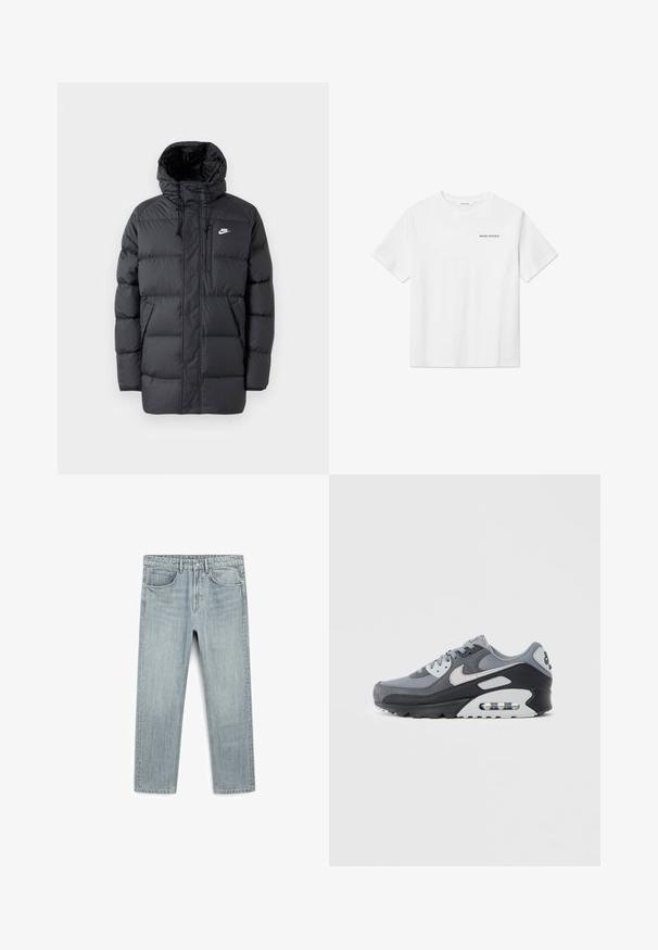 Schwarze Pufferjacke mit Kapuze, mit Reißverschluss vorne, elastischen Bündchen, Seitentaschen und einem kleinen Logo auf der Brust. Strukturierte, gesteppte Optik.; Weißes Baumwoll-T-Shirt mit kurzen Ärmeln, Rundhals und kleinem schwarzen "WOOD WOOD"-Logo auf der linken Brust. Glatte Textur, normale Passform.; Helle blaue Jeans aus Denim mit geradem Schnitt, fünf Taschen und sichtbarem Knopf- und Reißverschluss. Glatte Textur mit leichtem Verblassen.; Grauer Sneaker mit einer Mischung aus Mesh- und Wildledermaterialien, einer schwarzen Sohle und einer sichtbaren Luftkammer. Auffällige hellgraue Akzente und Schnürsenkel.