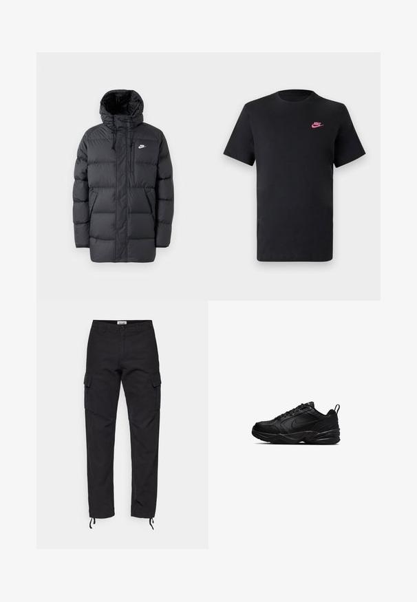Zwarte pufferjack met capuchon, uitgerust met een ritssluiting aan de voorkant, elastische manchetten, zijzakken en een klein logo op de borst. Getextureerd, gewatteerd ontwerp.; Zwarte katoenen T-shirt met een ronde halslijn en korte mouwen. Bevat een roze Nike-logo aan de bovenkant aan de linkerzijde. Glad textuur.; Zwarte cargobroek van stevige stof, met zijzakken, een slim fit en verstelbare manchetten bij de enkels.; Nike Performance AIR MONARCH IV - Sneakers laag - black